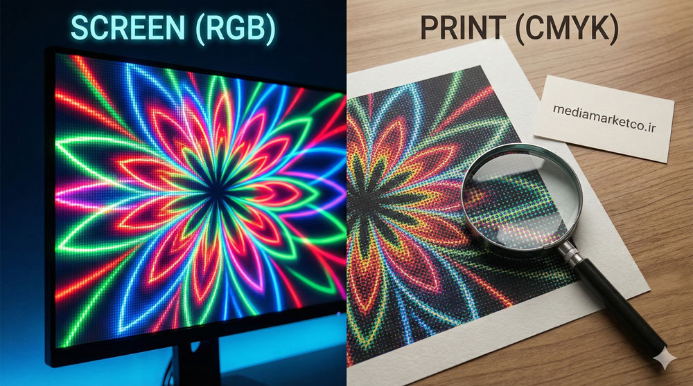 مقایسه تفاوت رنگ RGB در مانیتور و CMYK در چاپ روی کاغذ