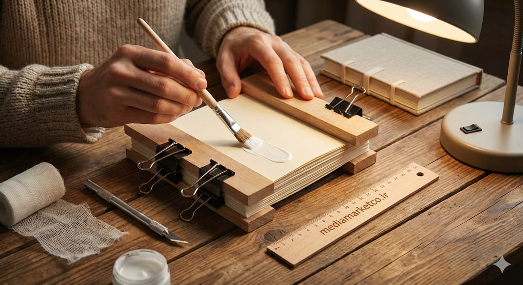 مراحل صحافی دستی کتاب در خانه با چسب چوب و گیره