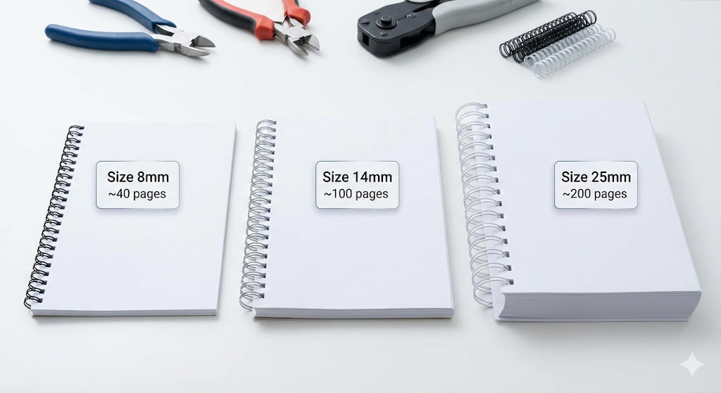 جدول تصویری مقایسه سایز فنر صحافی مارپیچ و دوبل برای تعداد برگه مختلف